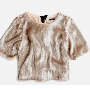 J. Crew Scoop Neck Rose Gold Sequined Cropped Top Black Tie Back Size 8